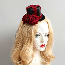 Halloween Hair Accessories Black Fascinators Hat with Mesh Red Cross Bandage & Roses Adult Party Headband