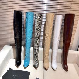 2023 designer women creasing pointed knee-high boots luxury Fashion sexy black white pink Sky blue leather Boots Pointe Thick heel serpentine pattern Shoes size 35-39