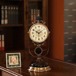 Table Clocks American Luxury Art Glass Retro Bracket Clock Living Room Decor Metal Silent European Vintage Pendulum Desk