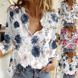 Women's Blouses Fashion Button Down Shirts Vintage Floral Print Women Tunics Tee Casual V Neck Long Sleeve Roll Up Loose Plain Ladies Shirt