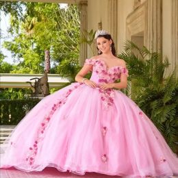 Pink 3D Flower Quinceanera Dresses Tiere Tulle Ball Gown Prom Party Gowns Shiny Princess Junior Girls Pageant Vestidos De