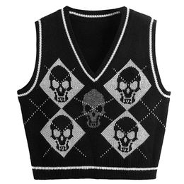 Women's Vests Y2K Gothic Knit Sweater Vest Skull Argyle Print Pattern Knitwear V-neck Pullover Fashion Jumper Top Women Halloween Streetwear 221103