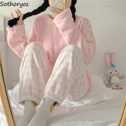 Women's Sleepwear Sweet Pajama Sets Women Candy Color Long Sleeve Tops Bundle Pants Plaid Students Flannel Fashion Cozy Thicker Lounge 221103