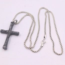 Chains S925 Sterling Silver Luck Bless Black Cross Pendant 45x24mm / Square Box Chain Necklace 24inches