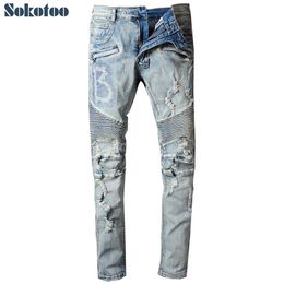 Jeans Sokotoo Men's Men's vintage light blue holes ripped biker jeans for motorcycle Casual pleated torn stretch denim slim pants T221102