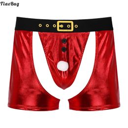 Sexy Set Men Glossy Faux Leather Cutout Boxer Shorts Novelty Christmas Claus Santa Button Faux Fur Ball Decor Bulge Pouch Underpants T221103
