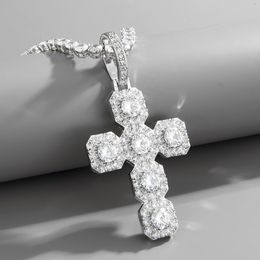 Clustered Cubic Zirconia Big Cross Pendant Necklace Real White Gold Plated Personalised Full Bling Diamond Charm Hip Hop Rapper Jewellery Birthday Gifts for Men Women