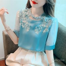 Women's T Shirts Summer Embroidery Three-Dimensional Flower Mesh Chiffon Shirt Women's 2022 Design Satin Top Blue Blusas Femme