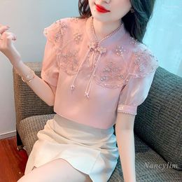 Women's Blouses Temperament Shirt Women 2022 Summer National Style Heavy Industry Beads Embroidered Retro Cheongsam Top Blusas Femme