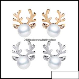 Stud Stud Earrings Jewelry Luxury Pearl Antlers Christmas Reindeer Elk Animal Rhinestone Crystal Sier For Women Girls Fashion Drop D Otryf