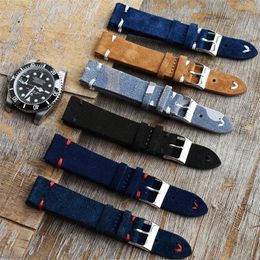 Watch Bands Genuine Suede Leather Vintage Watch Band 18mm 20mm 22mm 24mm Blue Brown Handmade Stitching Watch Strap Replacement Wristband 221104
