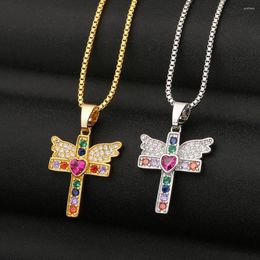 Pendant Necklaces Angel Wing Cross Couple Neck Chains Hip Hop Punk Luxury Colour Zircon Jewellery Stainless Steel Necklace For Women Man