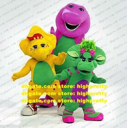 Wise Green Yellow Purple Mascot Costume Barney Baby Bop Bob And BJ Dinosaur Dino Cylinder Nose Water Drop Shaped Belly No.6538