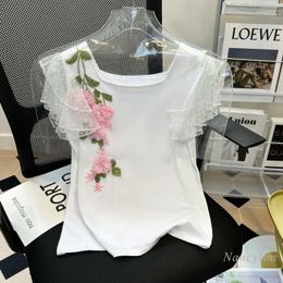 Women's T Shirts 2022 Summer Sweet Machine Embroidery Three-Dimensional Flower Square Collar Lace Flying Sleeves T-shirt Women's Casual