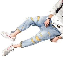 Men's Pants Spring Summer 2022 Cowboy Hiphop Streetwear Ripped Jeans Ankle Length Trousers Loose Handsome Fashion Men Baggy Denim