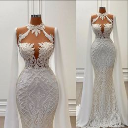 2023 Sexy Mermaid Wedding Dresses Illusion High Neck Long Sleeves Crystal Beads Lace Appliques Plus Size Custom Country Bridal Gowns Floor Length Robe De Mariee