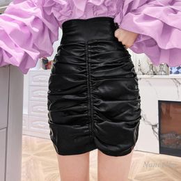 Skirts Black Leather Womens High Waist Sheath Skirt 2022 Early Autumn Pleated Slim-Fit Temperament Mini Faldas