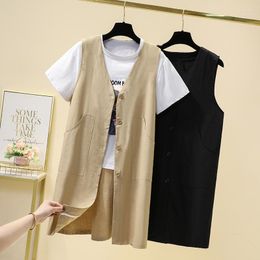 Women's Vests Fashion Women Cotton Linen Vest Elegant Office Female Tops Black Khaki Sleeveless Jackets 2022 Summer Pocket Outerwear