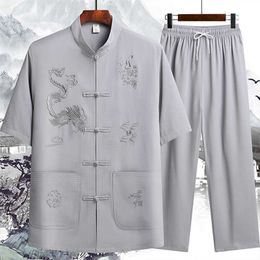 Tracksuit Tang Dynasty men's summer short sleeved jacket Chinese Xiangyun embroidery highend retro leisure loose home wear Y2211