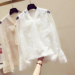 Women's Blouses Sexy Lace Top Women's 2022 Spring/Summer Korean Style Fashion Large Size White Bow Loose Casual Bell Sleeve Chiffon