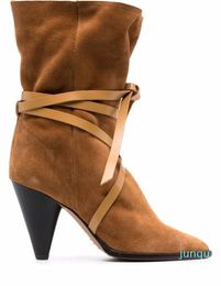 2022 winter fashion boots pointed toes lace up spike heels suede brown big footwear soft leather shoes women