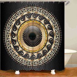 Black 3D Gold Greek Key Meander Curtains Shower Curtain Set for Bathroom Modern Geometric Ornate Bath Rug Decor 211223