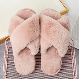 Slippers 2023 Design Women Winter House Furry Cross Fluffy Fur Home Slides Flat Indoor Floor Shoes Ladies Flip Flops 221103