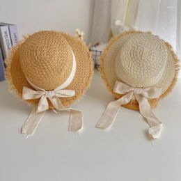 Hats Wide Brim Beach Sunscreen Straw Hat For Girls Raffia Raw Edge Bow Ribbon Summer Visor Princess Child Panama Cap