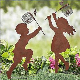 Garden Decorations Cute Wrought Iron Art Silhouette Yard Decor Mother's Day Gift Hand Metal Sculpture Outdoor Boy&Girl Deco