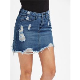 QNPQYX Casual High Waist Denim Skirt Blue Light Wash Women Distressed Mini Pencil Skirt ladies Sexy Ripped Summer vintage jeans skirt