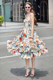 Runway Dresses Spring/summer runway rose print halter sleeveless mid-length cake beach dress S M L XL