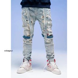 designer jeans Ch amirs high street fashion brand washing water Vintage Blue worn hole patch knee strap Slim Fit Jeans Men338c