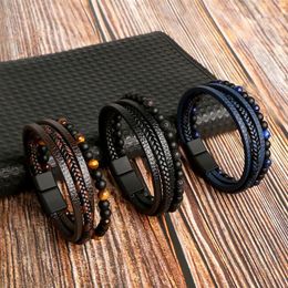 Leather Bracelet Men Classic Fashion Tiger Eye Beaded Multi Layer Leather Bracelet For Men Jewelry