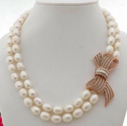 Chains 3" 2 Strands White Rice Freshwater Pearl CZ Pendant Necklace