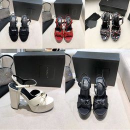 2022 designer bowknot buckle high heels sandals women luxury Leather fashion Longer bind belt hollow out shoes lady sexy Red black white colour quality sandal size 40