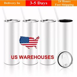 US Stock 2 Days Delivery 20oz Sublimation Tumblers Straight Blanks White 304 Stainless Steel Vacuum Insulated DIY Cup Car Coffee Mugs With Lids and Straw SS1105