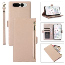 Lanyard Folio Lychee Pattern Leather Phone Cases for Google Pixel 7 7Pro 6 6Pro 6A Samsung Galaxy S22 Ultra S21 Plus iPhone 14 13 Pro Max Rope Zipper Wallet Bracket Shell