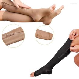 Ankle Support Unisex Women Men Compression Black White High Leg Slimming Stocking Zipper Open Toe Knee