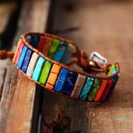 Bracelets Chain Multi Chakra Jewellery Handmade Colour Natural Stone Tube Beads Leather Wrap Coupl Bracelets Gifts