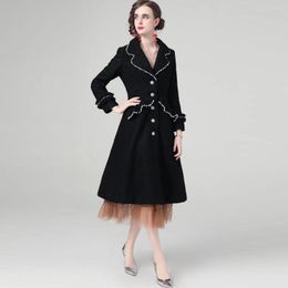 Women's Trench Coats Diamond-studded Beaded Buttons Long-sleeved Single-breasted Black Overcoat Women's Autumn-winter 2022
