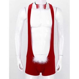 Men's Sleepwear Men Red Soft Velvet Christmas Underwear Santa Cosplay Fancy Come Singlet Sexy Mankini Boxer with Bowtie Male Xmas Underpants T221114