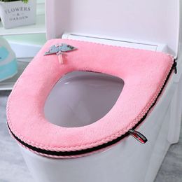 Toilet Seat Covers Winter Warm Cover Zipper WC Closestool Mat Bathroom Accessories Pure Color Soft O-shape Pad Bidet Washable