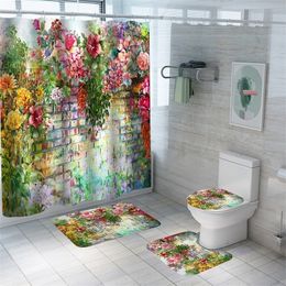 Shower Curtains Oil Painting Flowers Waterproof Polyester Bathroom Curtain with Hooks Anti slip Soft Bath Carpet Mat Lid Toilet Cover Home Decor L221104