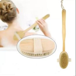 New Wooden Cleansing Bath Brushes Natural Bristle Body Brush Massager Shower Long Handle Back Spa Scrubber 7x42CM Wholesale