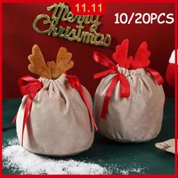 Gift Wrap 1020pcs Christmas Candy Bags Antlers Velvet Draw String Bunny Packing Bag Party Decoration Navidad Year 221104