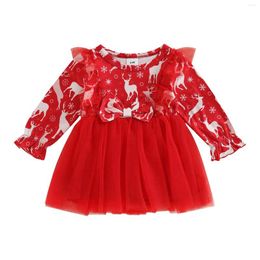 Girl Dresses 0-3Years Baby Girls Christmas Dress Long Sleeve Crew Neck Elk Print Tulle Patchwork For Party