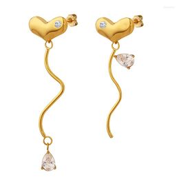 Stud Earrings Japanese Fashion Stainless Steel Asymmetrical Long Drop Heart For Women Girls Cubic Zircon Earring Jewellery Gift