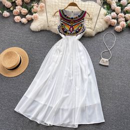 Vintage national style sleeveless dress embroidered round neck super fairy high waist slim long skirt