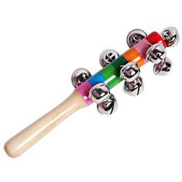 18cm Party Favor Rattles Jingle Bells Wooden Stick style Rainbow Hand Shake Sound Bell Baby Educational Toy Children Gift DH83