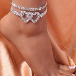 Anklets Anklet Crystal Personality Double Peach Heart Rhinestone Summer Barefoot Sexy Women Full Diamond Shiny Beach Ankle Accessories